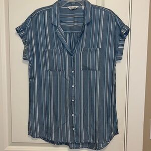 Cafe Marrakesh Blue multi striped short sleeve button down shirt Women’s Small